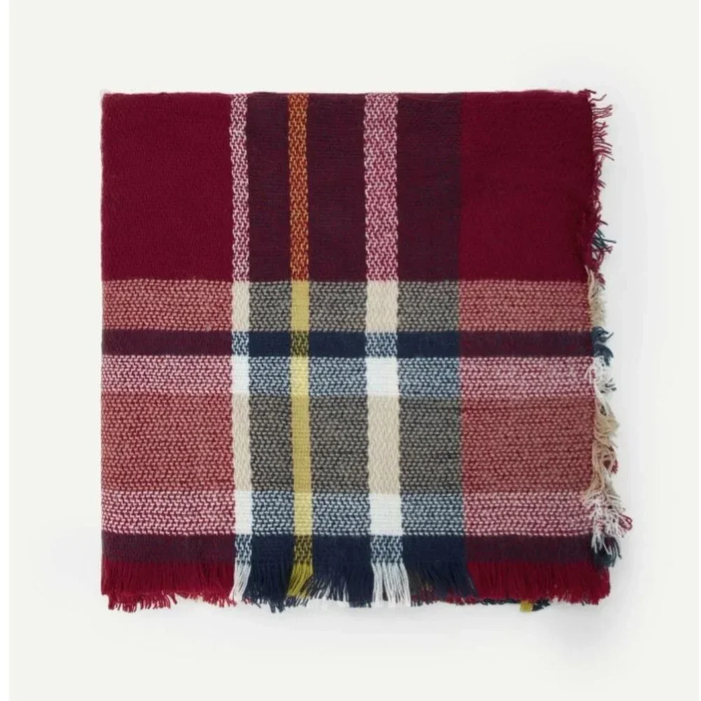 Oversized Plaid Blanket Scarf Red Navy Beige Soft Fringe Wrap Shawl Winter